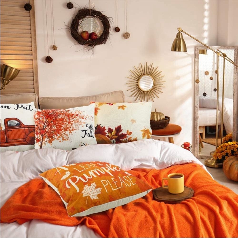 Fall Pillow Covers 18x18 Set of 4 Autumn Pumpkin Thanksgiving Pillow Covers 🎃🍁 - Picture 6 of 7